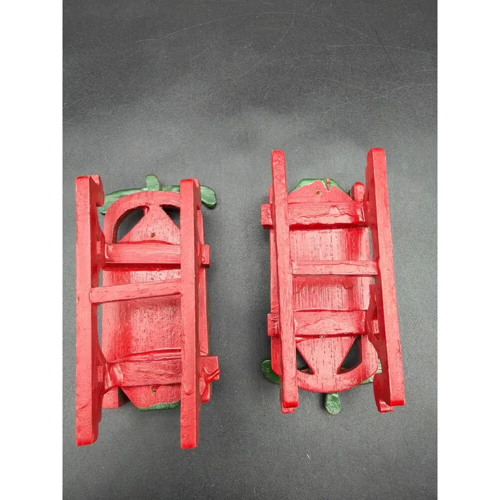 Vintage Miniature Wood Sled Christmas Ornaments Pair Hand Painted Red Green 4”